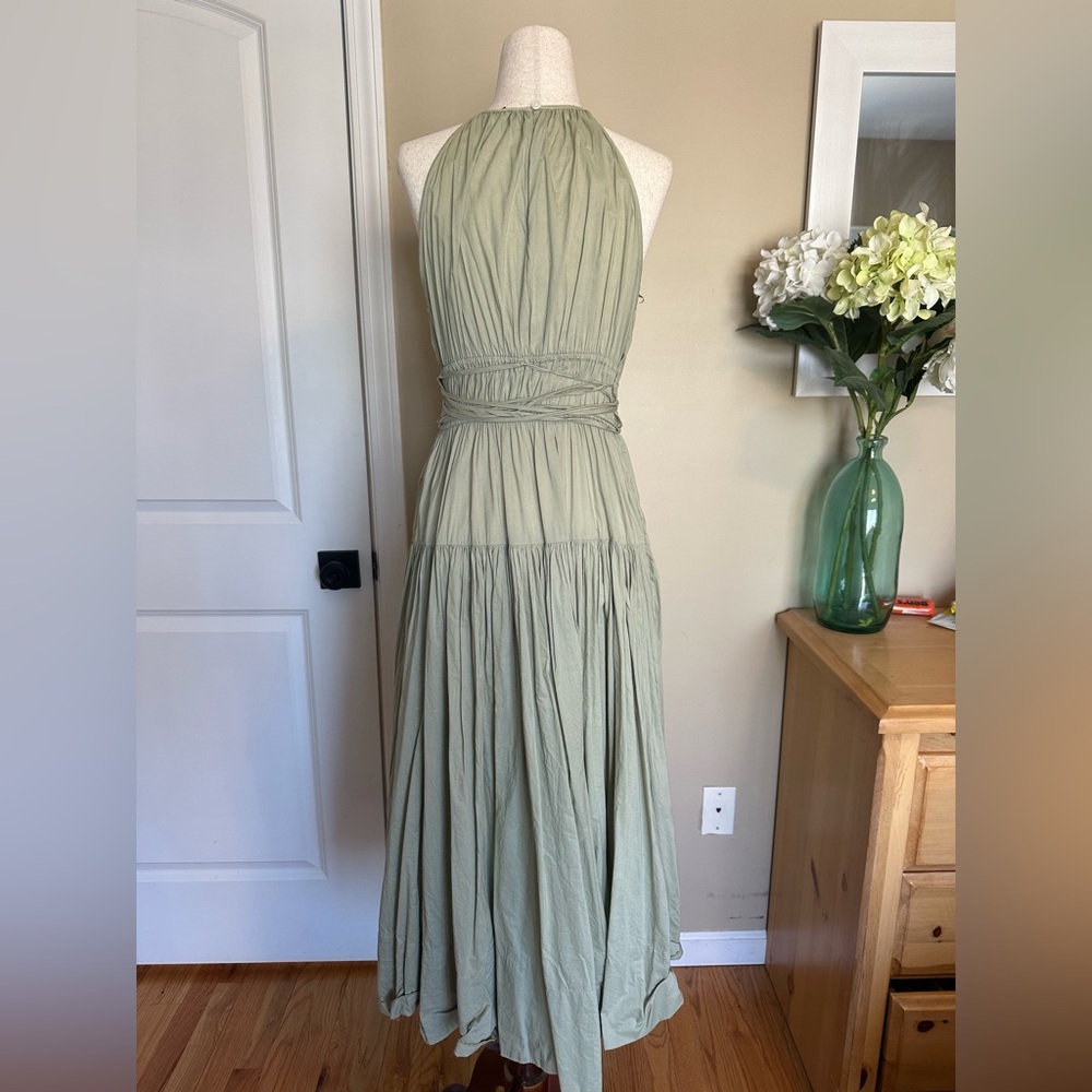 J. Crew Tie Waist Halter Midi Dress Pale Surplus Green A Line Tiered XS - Picture 6 of 9